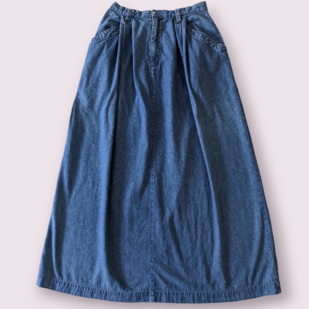 Vintage Eddie Bauer Cotton Denim maxi skirt 10 Tall pleats pockets 27 waist